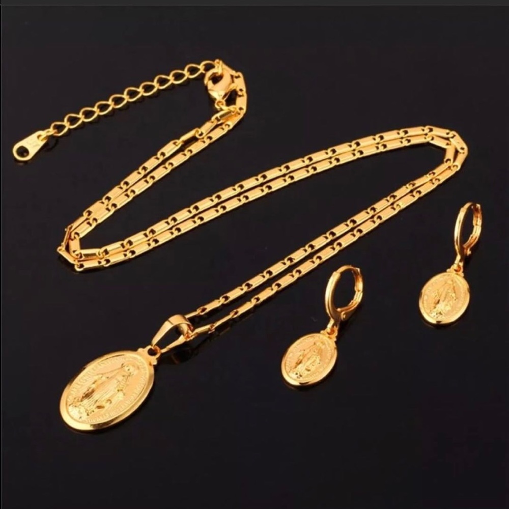 New 18k Gold Virgin Mary Necklace & Earrings Set